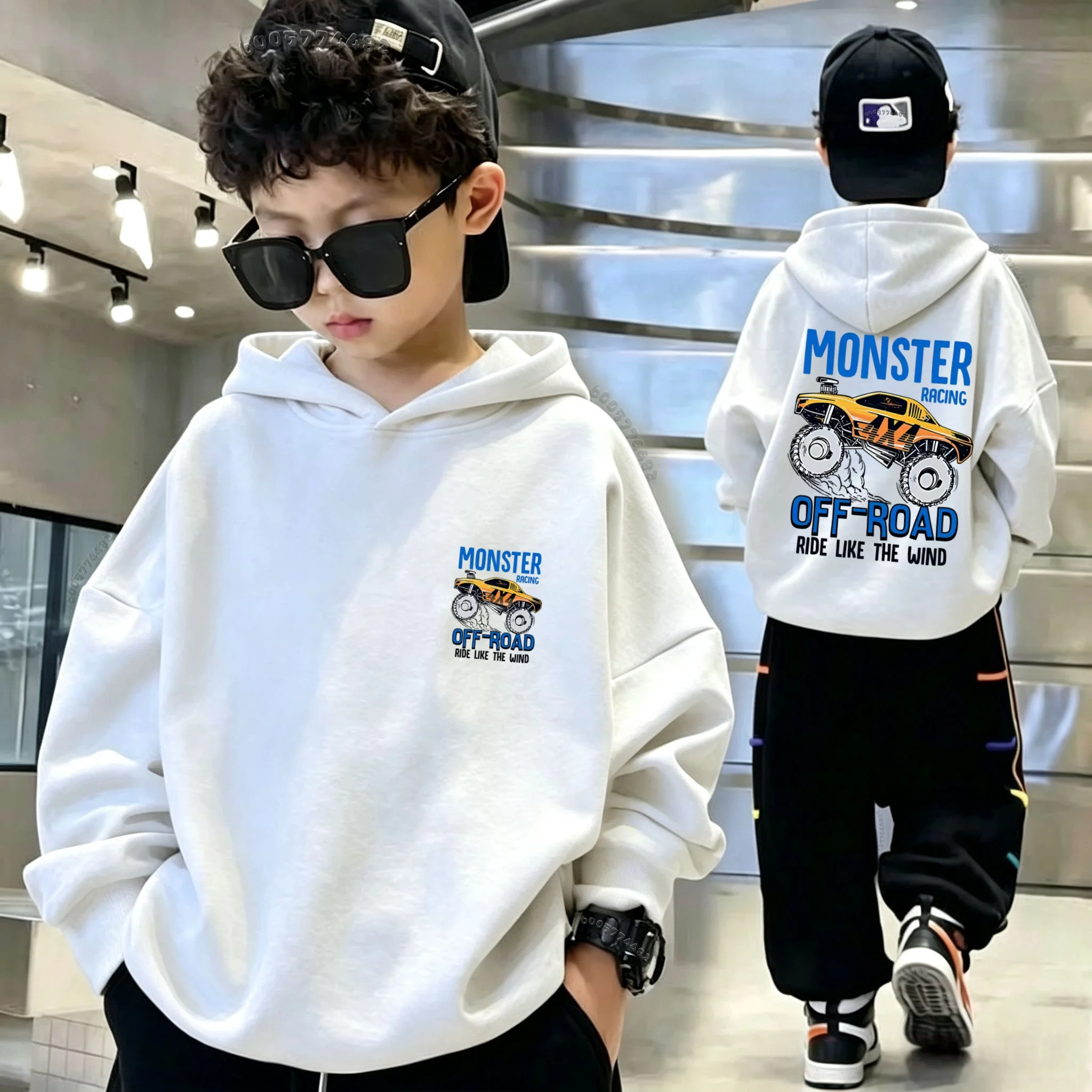 Children's hooded sweatshirt, retro style. Two-sided printed thick model with truck-like design for off-road racing.