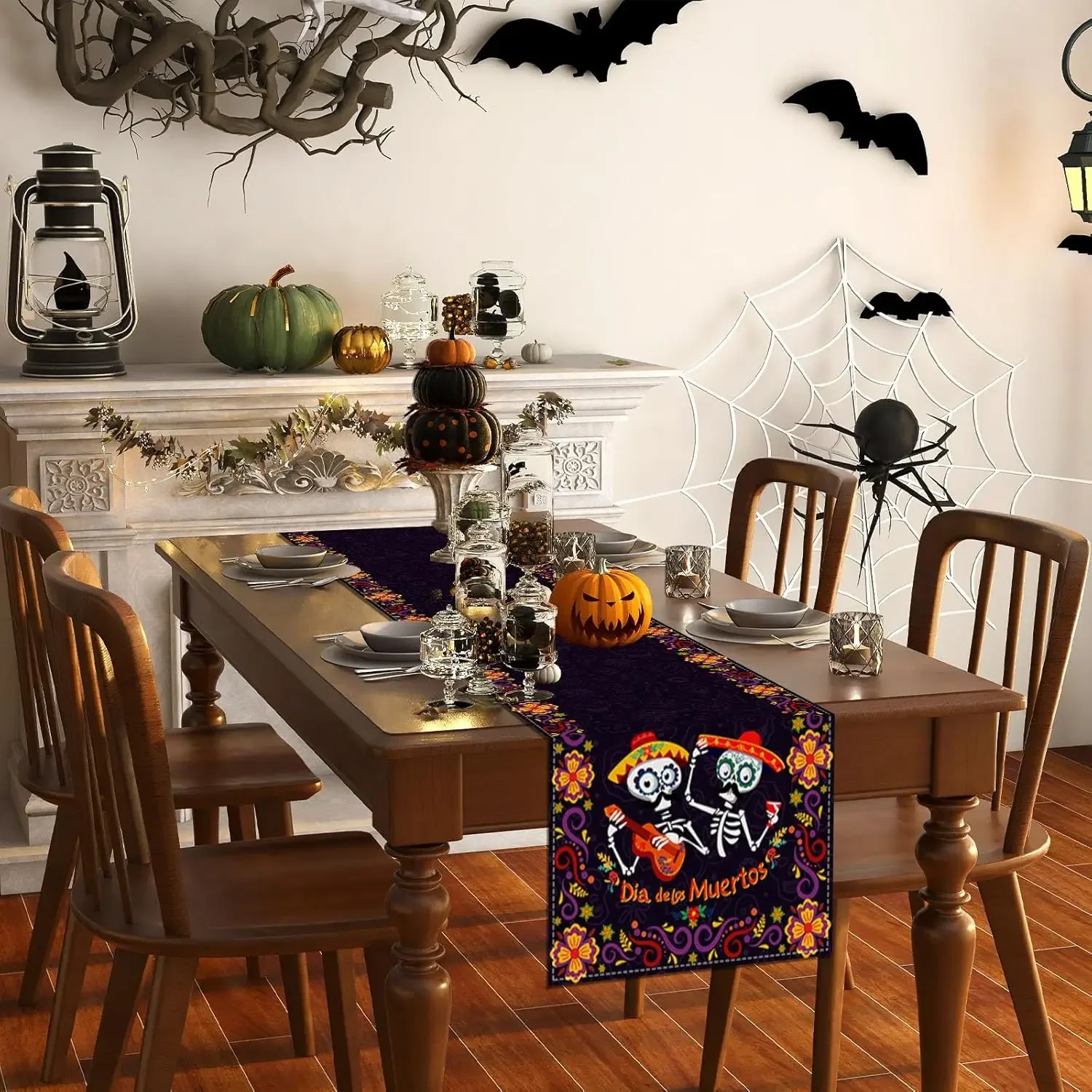 Skull Print Linen Table Runner, Stain-Resistant & Durable, Universal Table Runner for Daily & Holiday Dining
