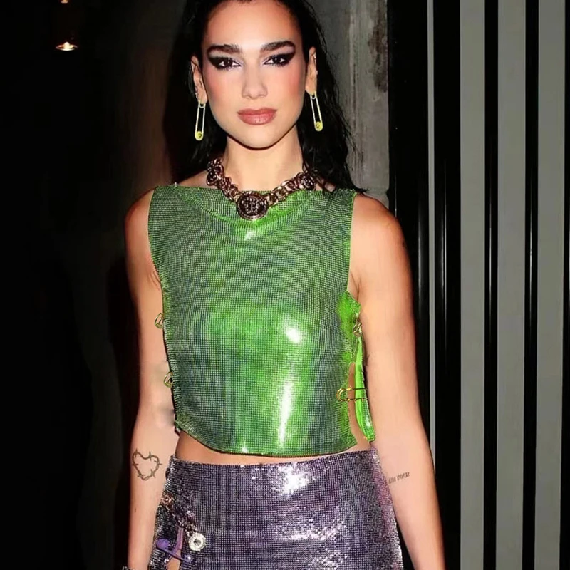 Damskie metalowe cekinowe podkoszulki Sexy Side Split Pin Design Sleeveless Round Neck Crop Top Summer Rave Party Nightclub Camisole