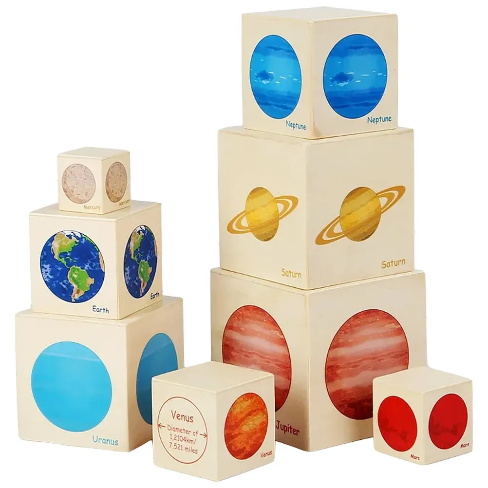 1Set Eight Planet Stacking Box Educational Wooden Solar System Game Interactive Baby Cognitive Stacker Fun Learning Set