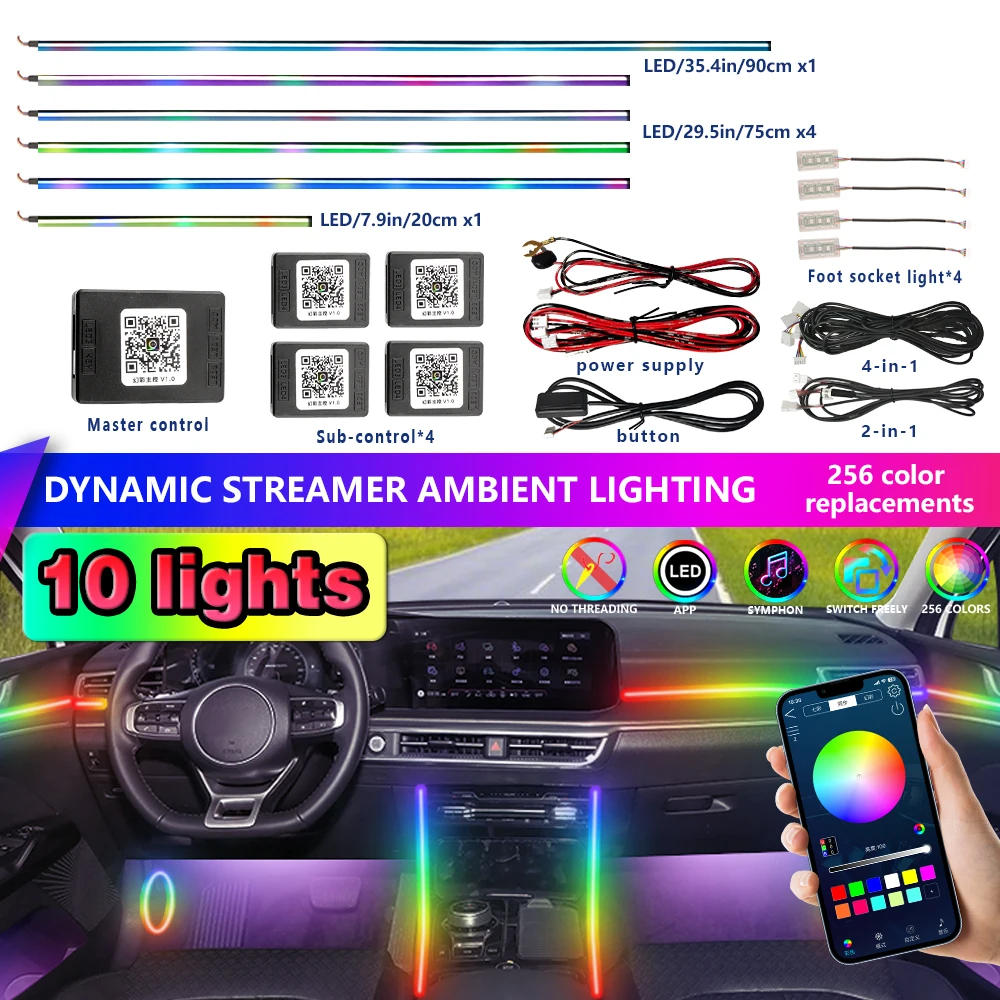 

64-цветное RGB-приложение для управления салоном автомобиля, окружающее освещение, светодиодная лента, акриловая направляющая, декоративная лампа, атмосфера