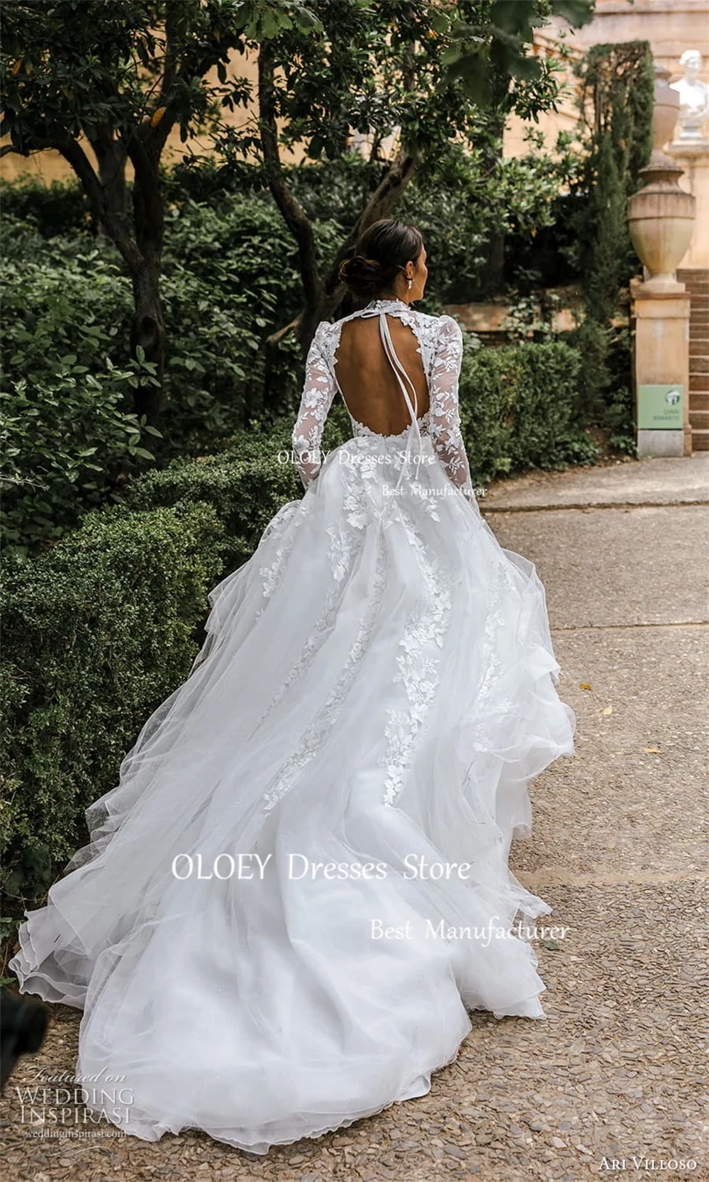 OLOEY Exquisite Appliques Tulle A Line Wedding Dress Photoshoot High Neck Long Sleeves Floor Length Bridal Gown Backless Custom