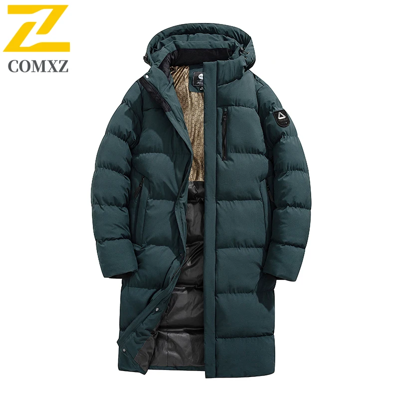 COMXZ Winter Luxury Long Jacket Men 2025 New Thick Warm Down Cotton Padded Jacket Man Casual Ski Hunting Cold Proof Hooded Parka