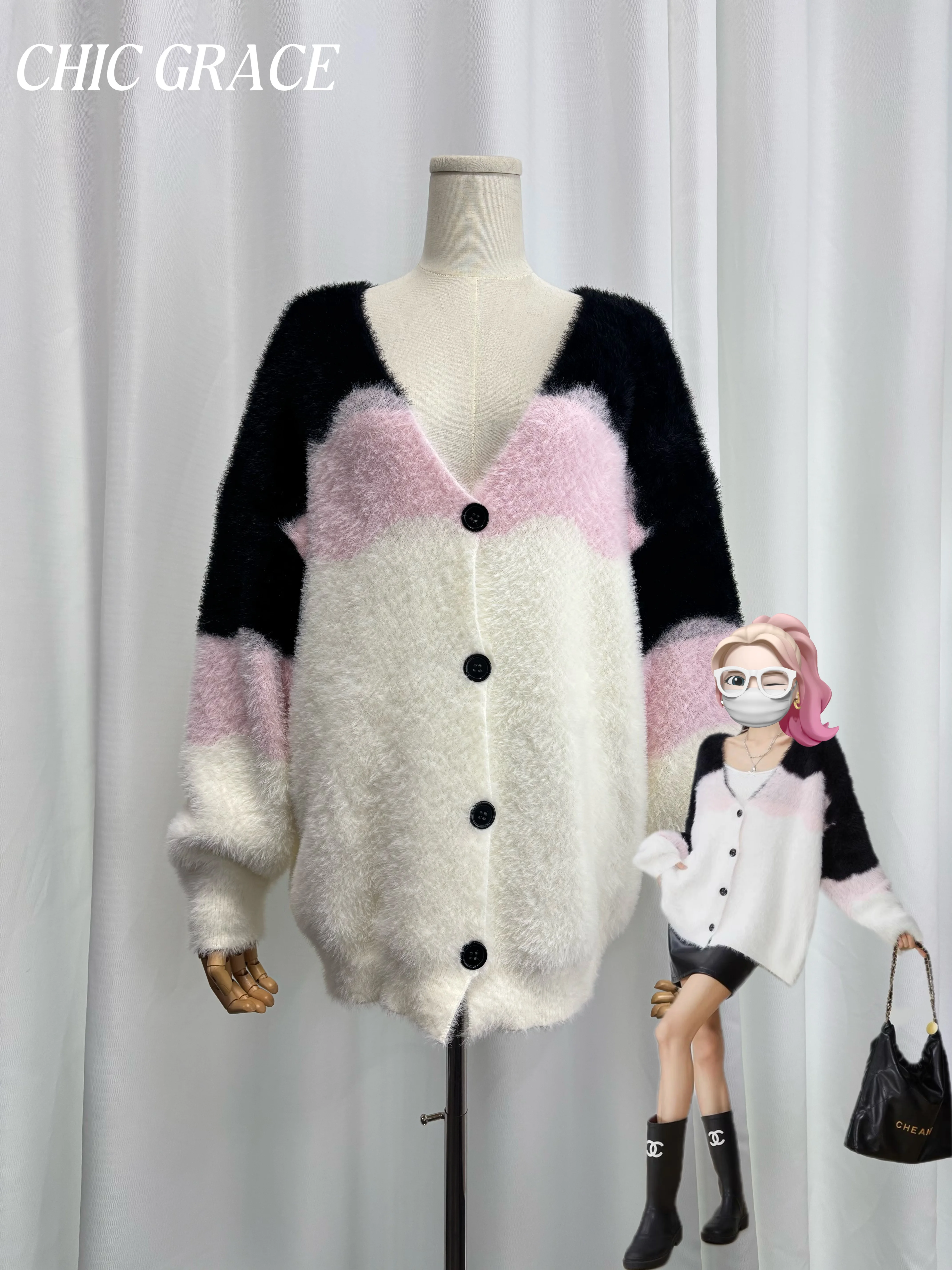 

Real shot Women's 2025 Autumn Winter Cozy Black White Gradient Fur Knit Cardigan Oversized Cleanfit Lazy Style Soft Warm Open Fr