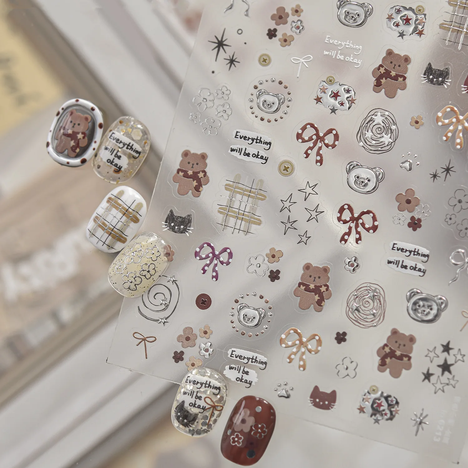 Maillard Style Autumn Nail Stickers Small Bear Cat Dog Bow Checkered Flowers Stars Calendar Patterns Self-adhesive Nail Stickers