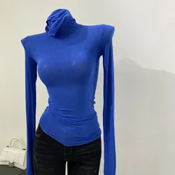 하프 하이 칼라 티셔츠 한국 투명한 반팔 슬림 피트 탄성 솔리드 내부 바닥 셔츠 섹시한 큰 가슴 티셔츠
