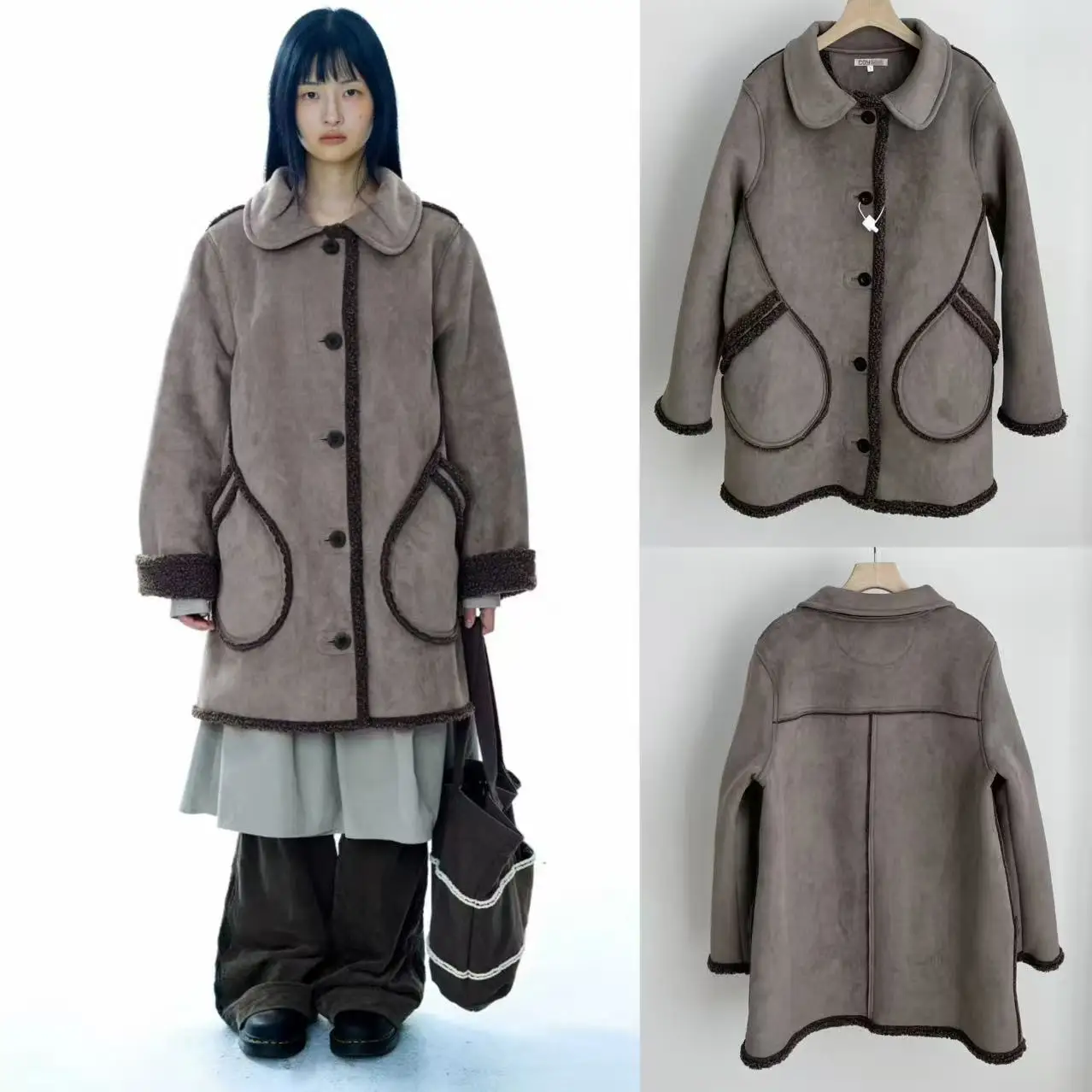 

Warmth Inteated Lamb Fur Coat Korean Sle Loose Fit Ladies Jaet Collar Middle-Length Eco-Friendly Doll Collar Coat