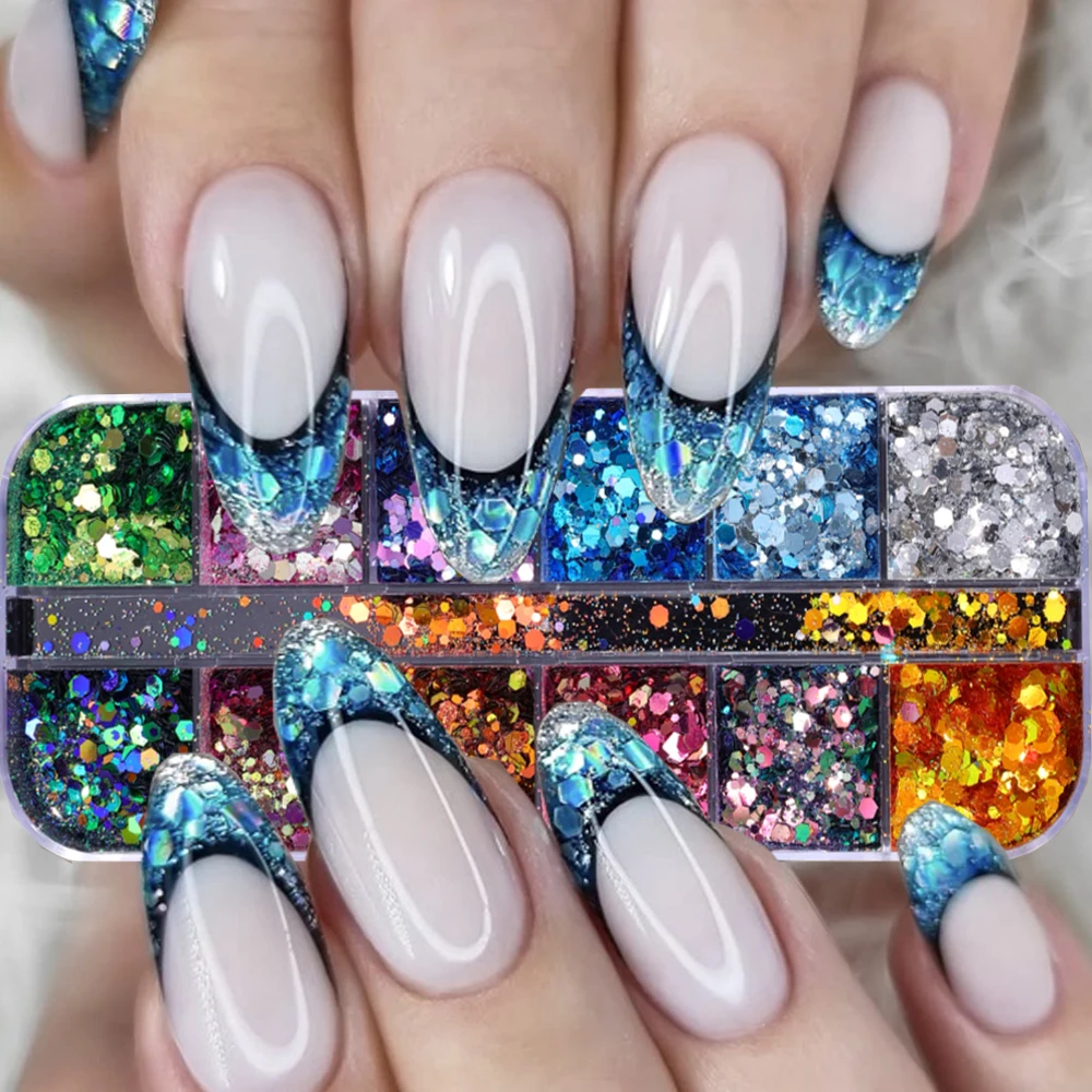 

3D Iridescent Nail Art Sequins Candy Color Nail Glitter DIY Chrome Powder Sparkly Hexagon Chunky Flakes Manicures Decorations