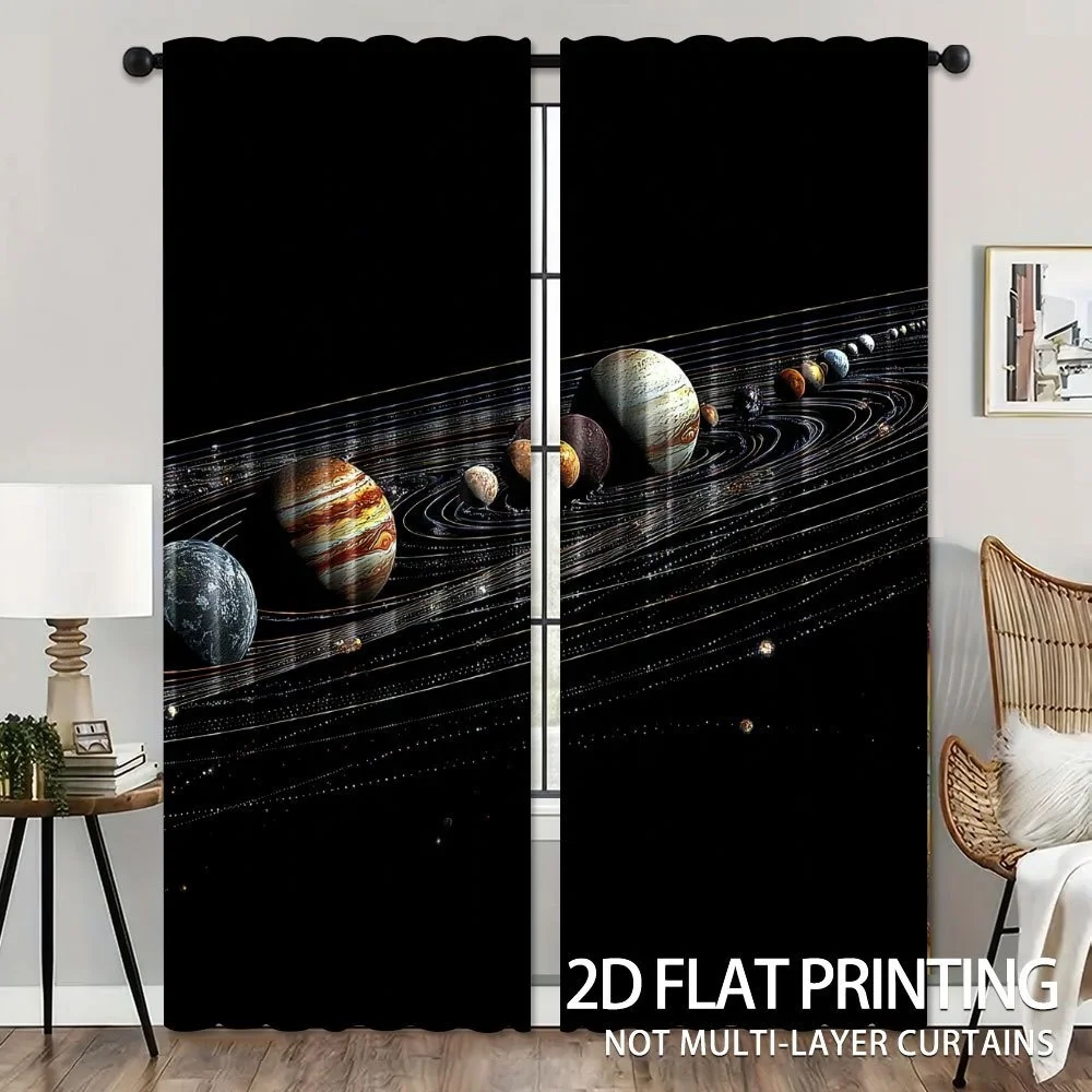 Solar System Curtain, Space Planet Window Drape, Galaxy Star Blackout Panel, Kids Bedroom Science Home Decor