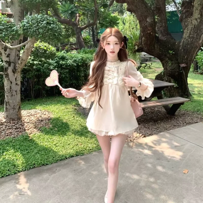 أنيقة الحلو لوليتا نمط البلوزات النساء Kawaii القوس الكشكشة طويلة الأكمام الأميرة قميص Vintage الإناث الكورية بلوزات على الموضة Blusas