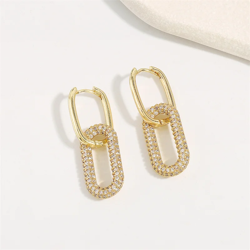 Gold Color Geometric Oval Rectangle Hoop Earrings For Women Zircon Wedding Jewelry Elegant Female Dangle Earings e1260