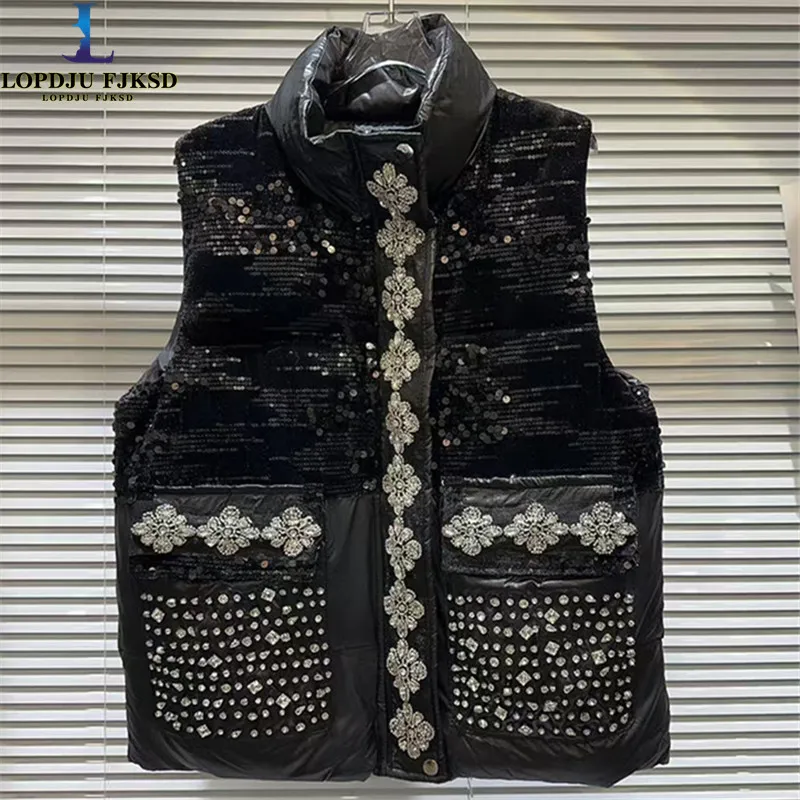 Sequins Waistcoat for Womens,Chic Splice Coat Ladies Sleeveless Pearls Vest Jacket,Slim Cotton Outwear Vests, New,2025