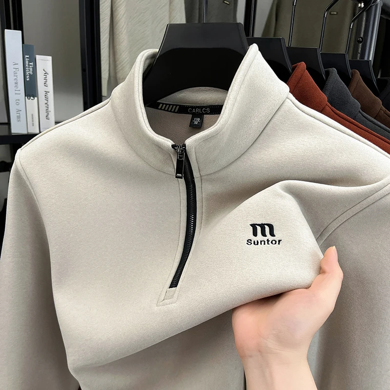 

Men's Designer Original Double-Sided Thick Half-Zip Sweatshirt Stand Collar Long Sleeve Fleece-Lined Pullover for Autumn Winter