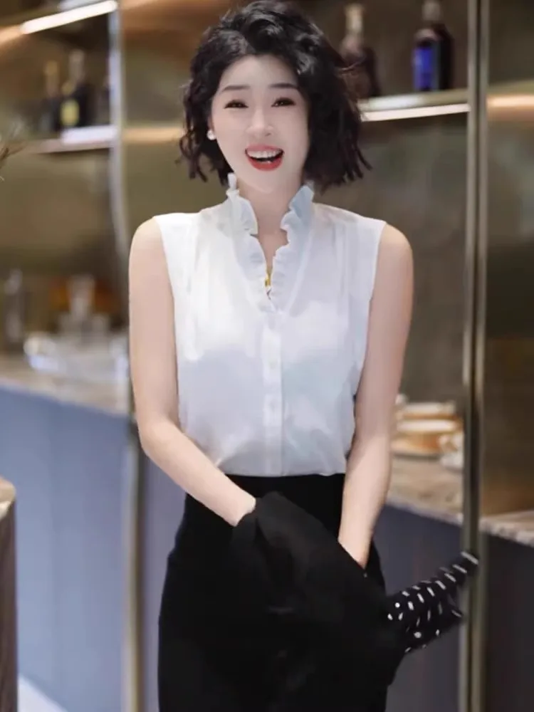 French Style V-Neck Sleeveless Satin Vest Women's Autumn Winter Layering Inner Wear Ruffle  Button Placket Loose Fit Top