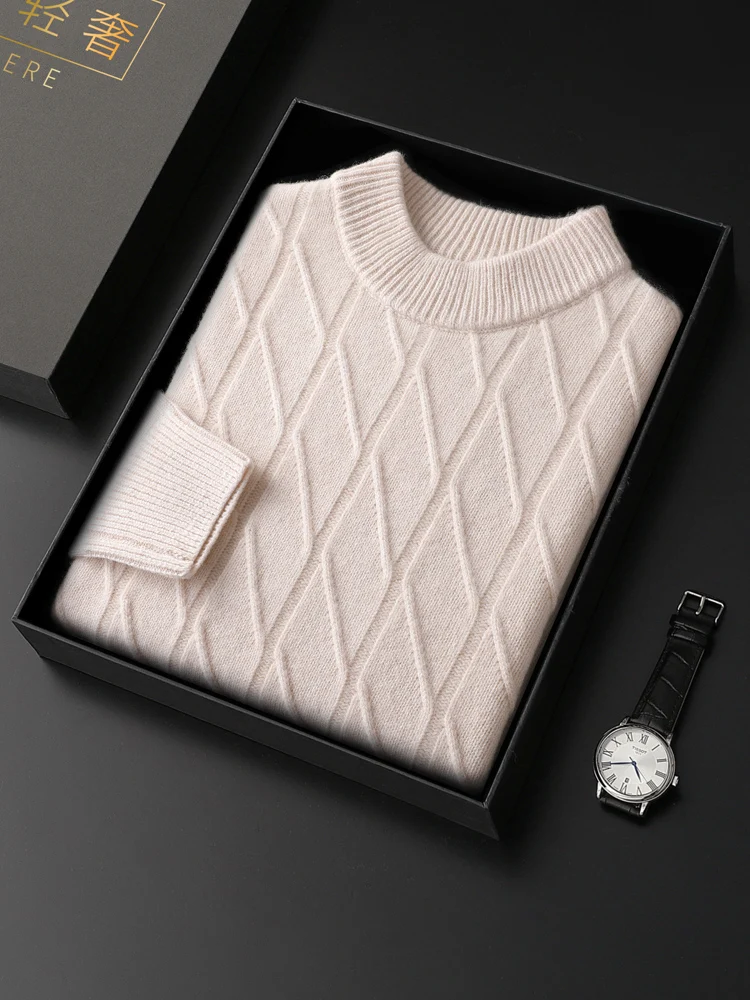 Men Wool Sweater Pullover Autumn Winter Cashmere Long Sleeve Thick Warm 100% Merino Wool Knitted Jacquard Solid High Quality Top