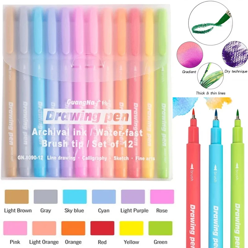 12Pcs/set Pastel Colors Arts Calligraphy Brush Pen Brush Tip Marker Felt Tip Water Based Ink Color Pens for Lettering Journaling