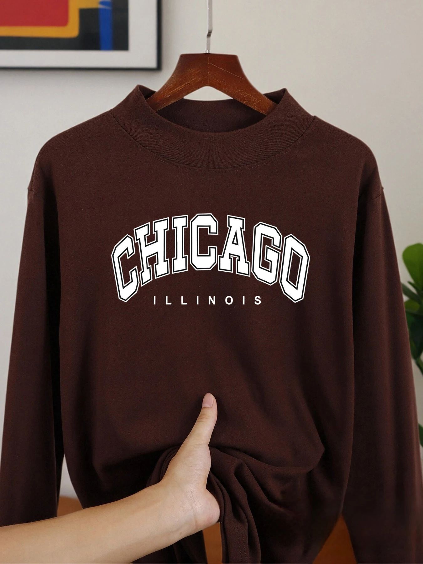 قميص Chicago Letter Logo بأكمام طويلة، قمصان ناعمة دافئة سميكة بنصف ياقة عالية، طبقة أساسية من الصوف المخملي، قمصان مناسبة دافئة