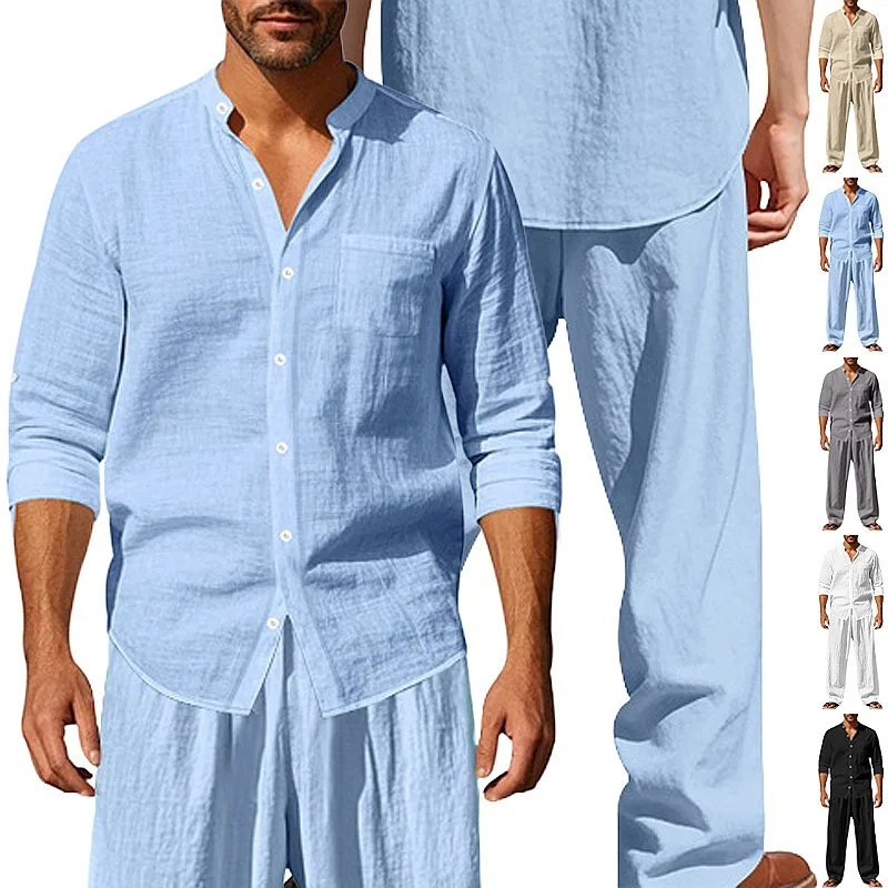 Linen Shirt Sets for Men Long Sleeve Linen Shirts Matching Sets Summer Beach Outfits