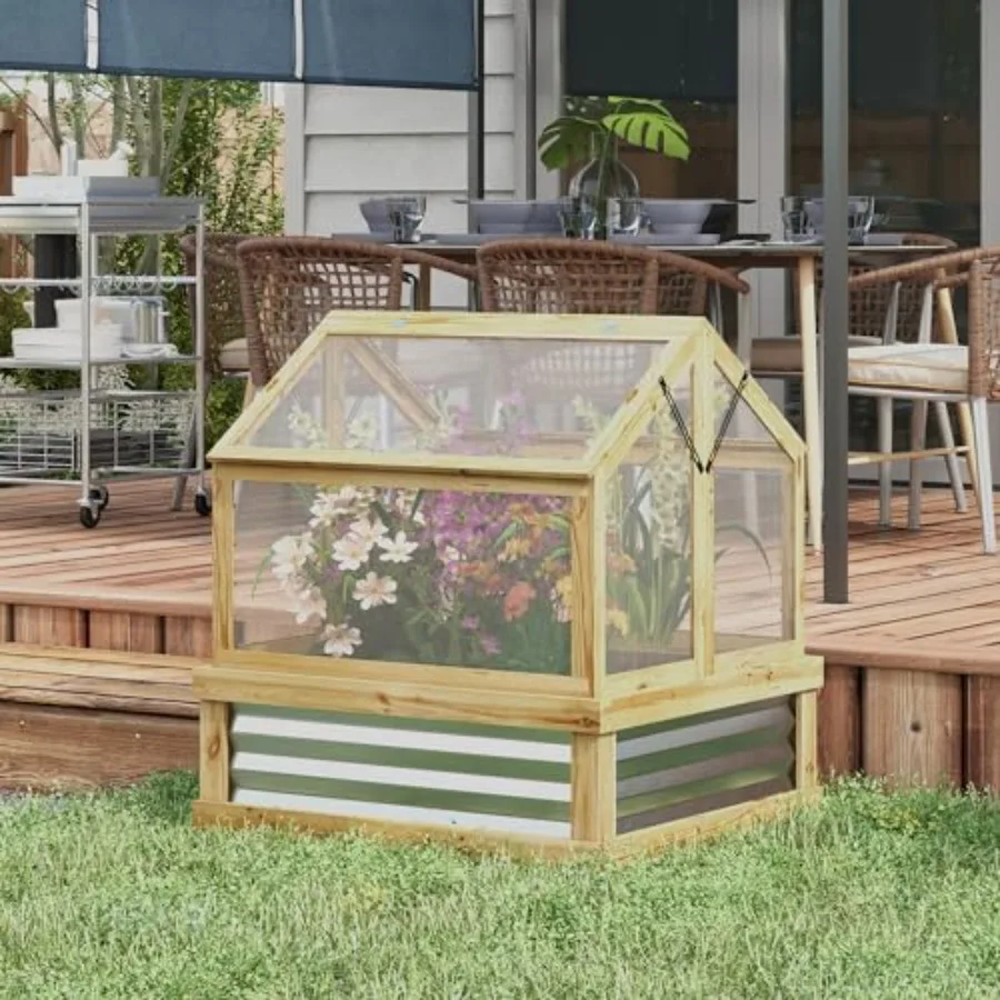 Wooden Raised Garden Bed with Polycarbonate Greenhouse for outdoor gardening, natural wood finish, durable and weather-resistan