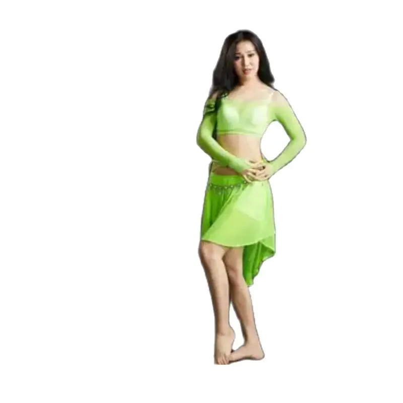 

1set/lot woman belly dancing sexy mesh transparent set rhinestone slash top and elastic waist skirt dancing costumes