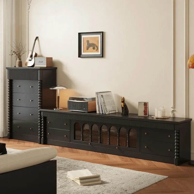 French Retro Solid Wood TV Cabinet Medieval Old Money Style European Villa Large Living Room Audio Visual Floor Storage Unit