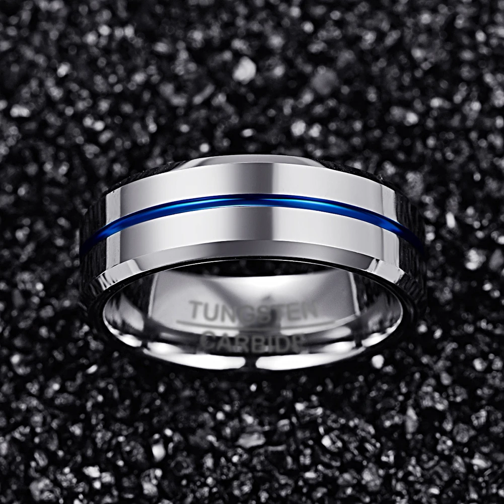 NUNCAD 8MM Width Tungsten Carbide Ring 2.3MM Thick Steel Color Full Polished Blue Groove with Angled Men\'s Ring T185R