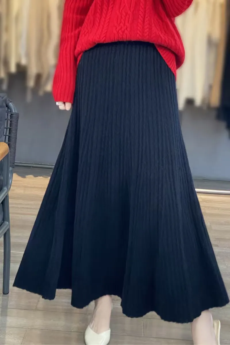 The leader in the skirt world! Cashmere mid-length pleated long skirt for women, pure wool skirt, A-line skirt, thick swing skir