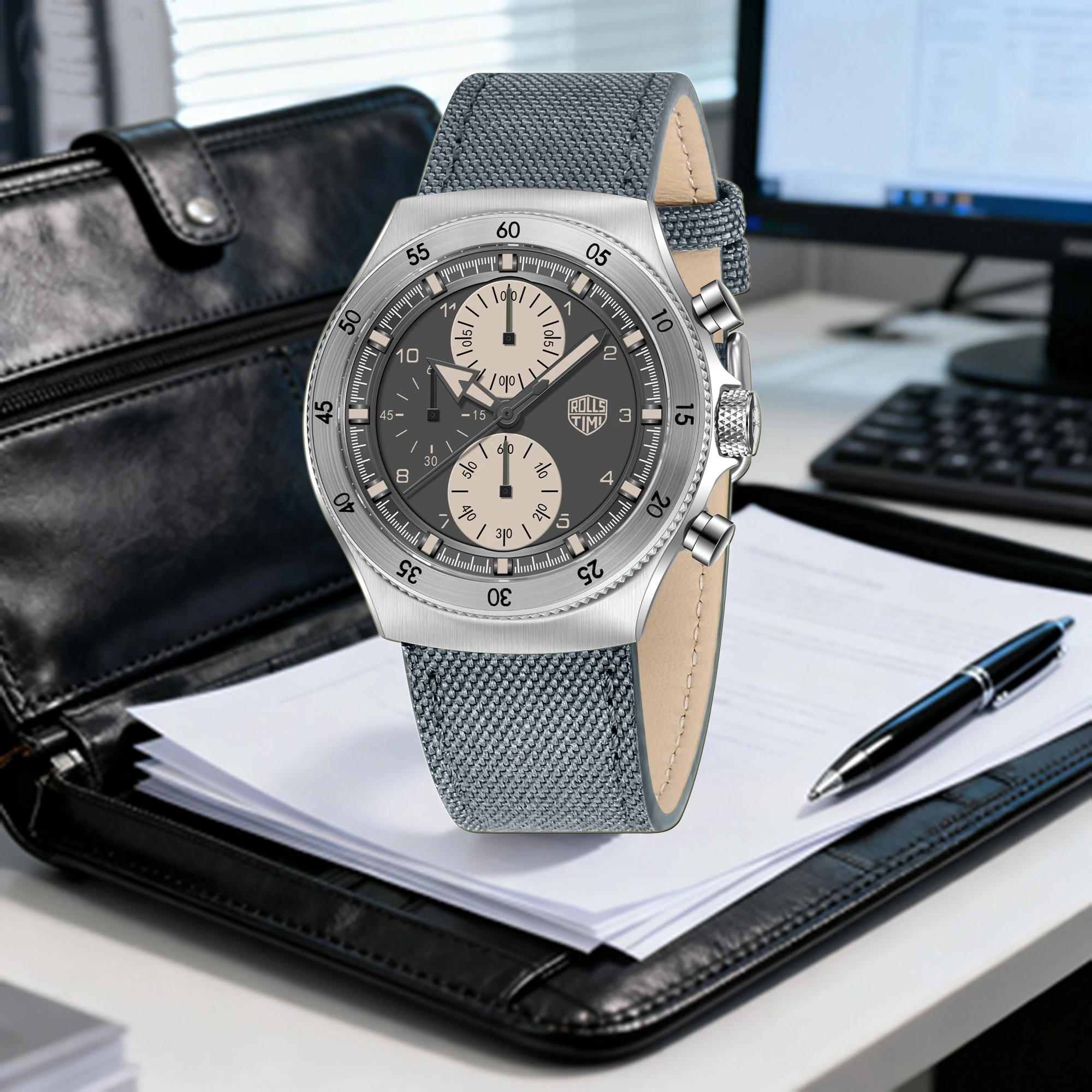 Rossitimi 2026 Men Quartz Watch Premium 100m Waterproof Business Casual Style Leather Strap Small Three-Pin Luminous Chronograph