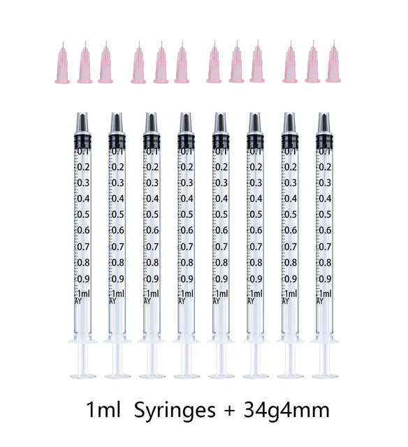 Strzykawki 1 ml + 34G4MM + 32G4MM + 30G4MM Igły do ​​wstrzykiwań Igły do ​​rysowania Narzędzie do wstrzykiwań Ostre igły ze szpicem Igła jednorazowa