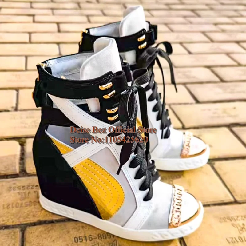 

Women's Fashion Wedge Sneakers Gold Metal Toe High Top Lace Up Ankle Boots Rubber Sole White Blue Color Block Casual Footwear