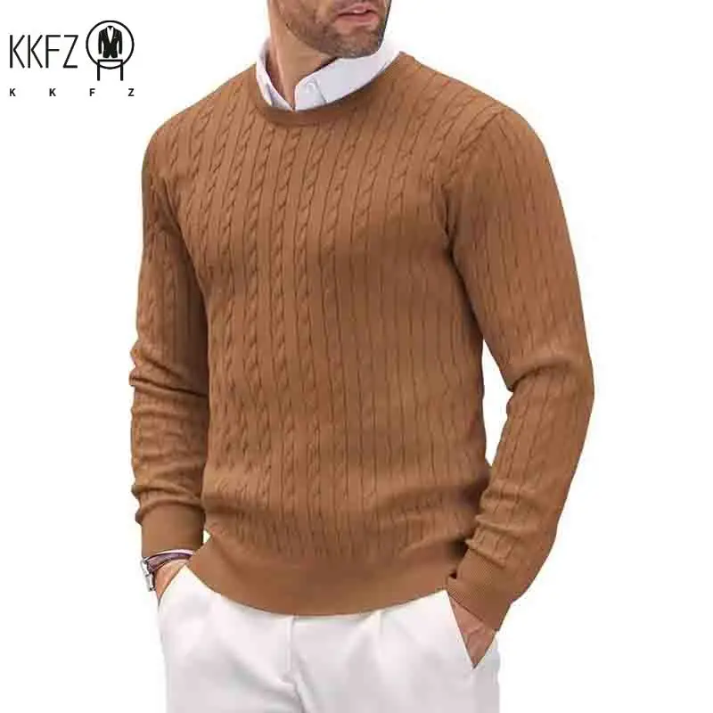 2026 New Men's Casual Sweater Round Neck Long Sleeve Knitted Sweater Diamond Pattern Fashion Versatile Top