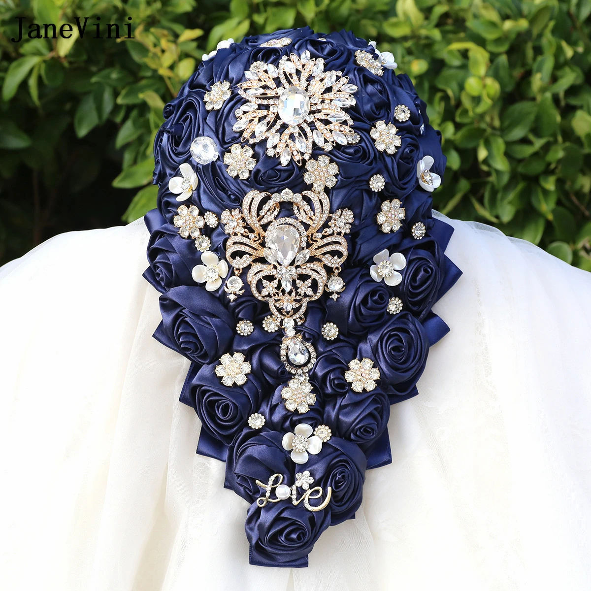 

JaneVini Luxury Crystals Navy Blue Flowers Waterfall Bridal Bouquets Artificial Satin Roses Cascading Wedding Bouquet for Bride