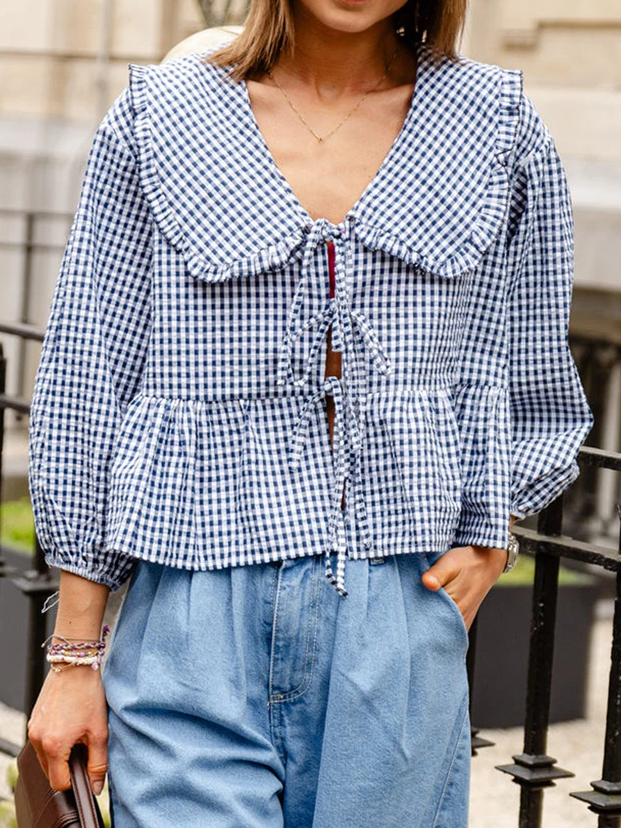 Women's Summer Sweet Shirt Plaid Print Lantern Long Sleeve Doll Collar Bow Tie-Up Front Loose Peplum Tops