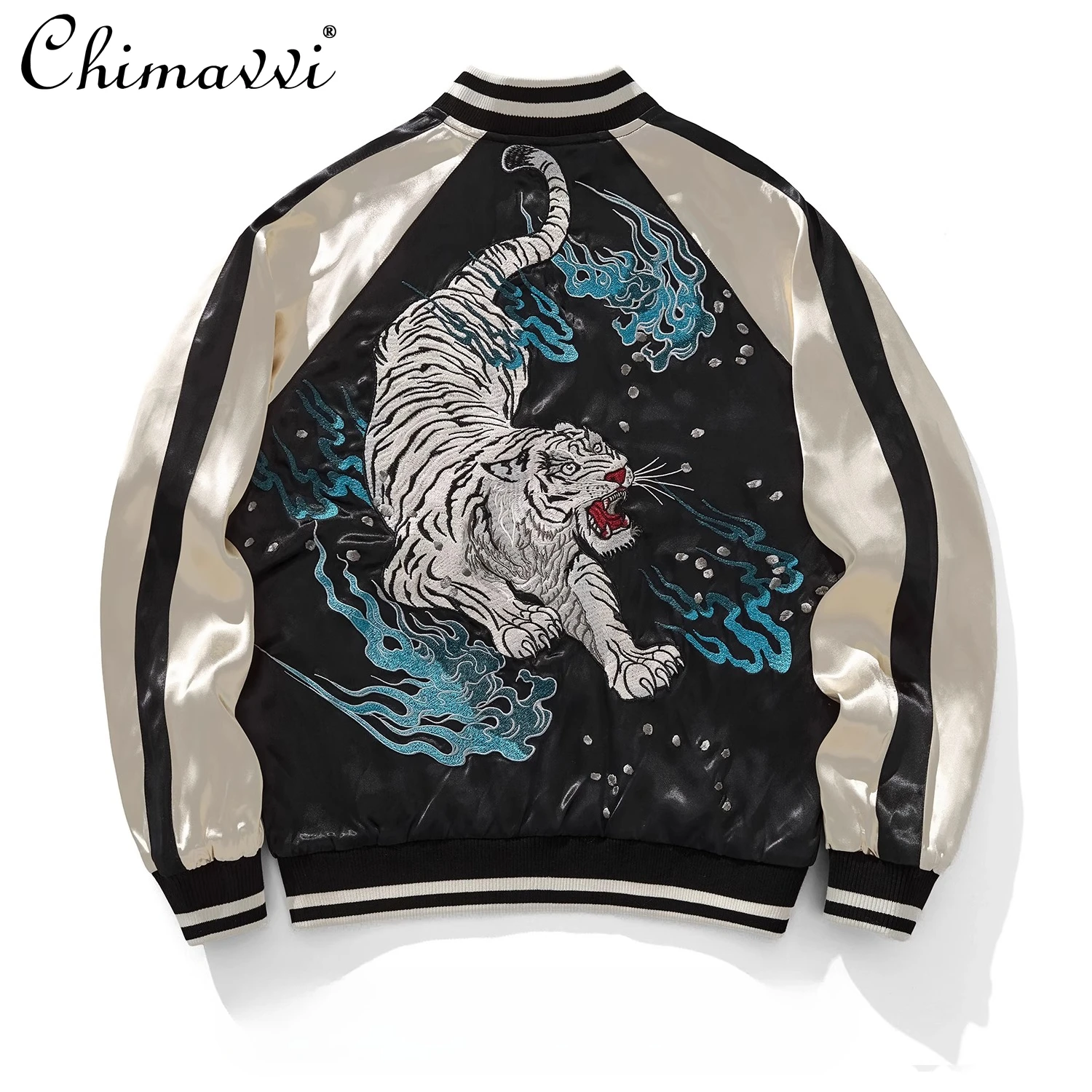 

Heavy Embroidery Tiger Jacket Couple Baseball Jacket Mercerized Satin Personality Long Sleeve Elegant Women's Short Coat Top