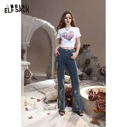 ELFSACK 2024 Autumn New Arrivals Blue American retro fake pocket slim fit flared high waist jeans for women