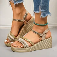 Luxury Golden Wedges Heel Sandals Women Gold Rivets Chunky Platform Sandles Woman Fashion Thick Bottom Gladiator Sandals - Image 6