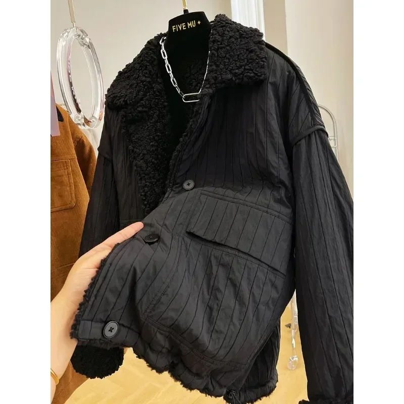 Jacket for Women Sherpa High-end Loose Thickened Warm Reversible Cotton Jacket Casual Versatile Street Style College Style