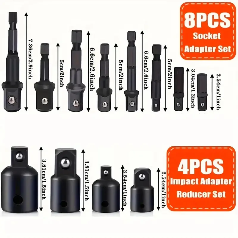 12pcs Impact Socket Adapter Set 25mm-73mm 1/4 Hex Shank Extension For Cordless Drill Quick Change Nut Driver Conversions