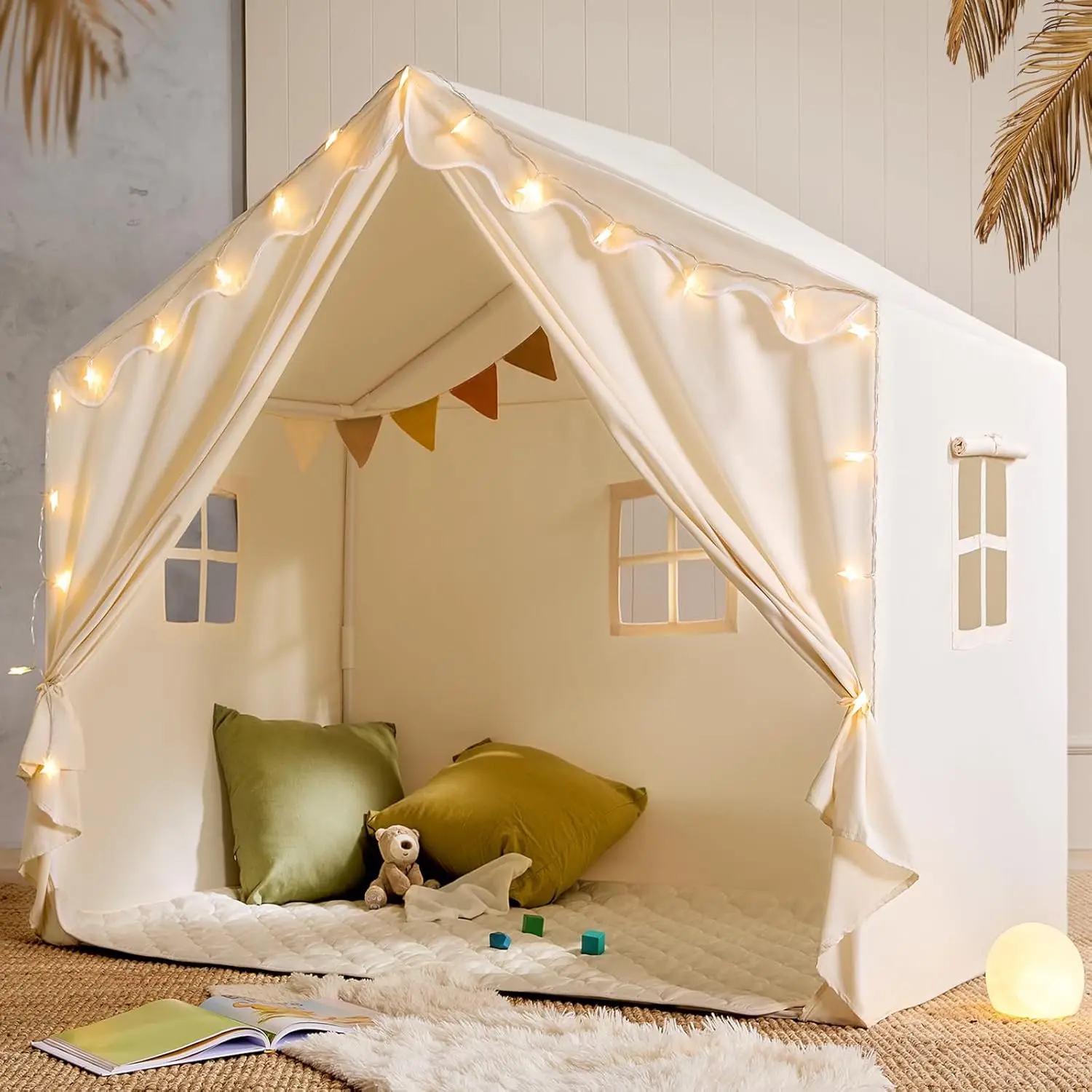 

Kids Play Tent with Mat and Star Lights, Indoor Playhouse for Toddlers, Large Reading Nook for Girls and Boys