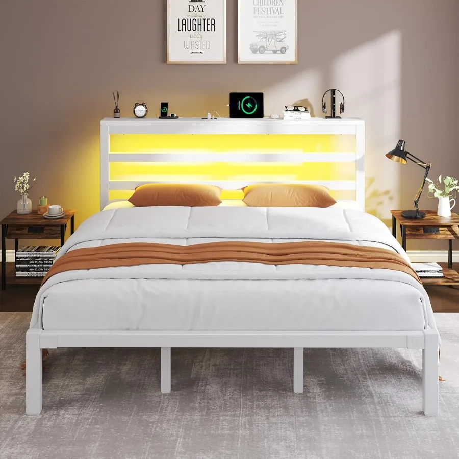 إطار سرير بحجم كينج مع لوح رأسي للتخزين وسرير بمنصة صناعية مع محطة شحن وأضواء LED ومساحة تخزين تحت السرير #6