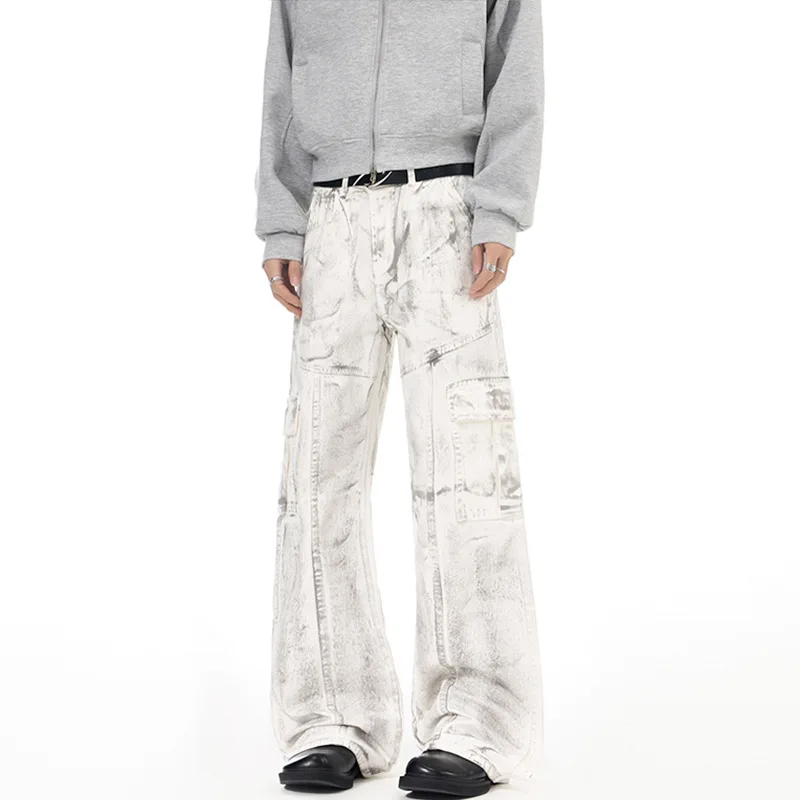 WTHT Vintage Men's Splash Ink Do Old Spliced Design Pants Fashion High Street Straight Loose Trousers Male 2025 Winter 2A2549