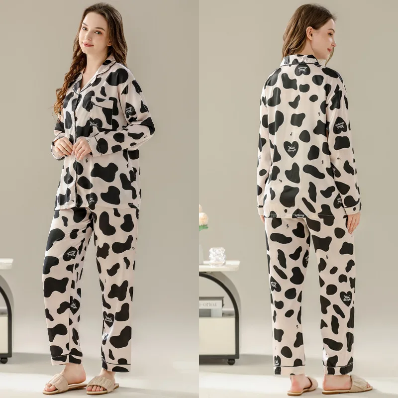 Women\'s Pajamas Sets Spring Autumn 2 Piece Cow Dot Print Pyjama Faux Silk Satin Sleepwear Long Sleeve Pijama Mujer Pjs Homewear