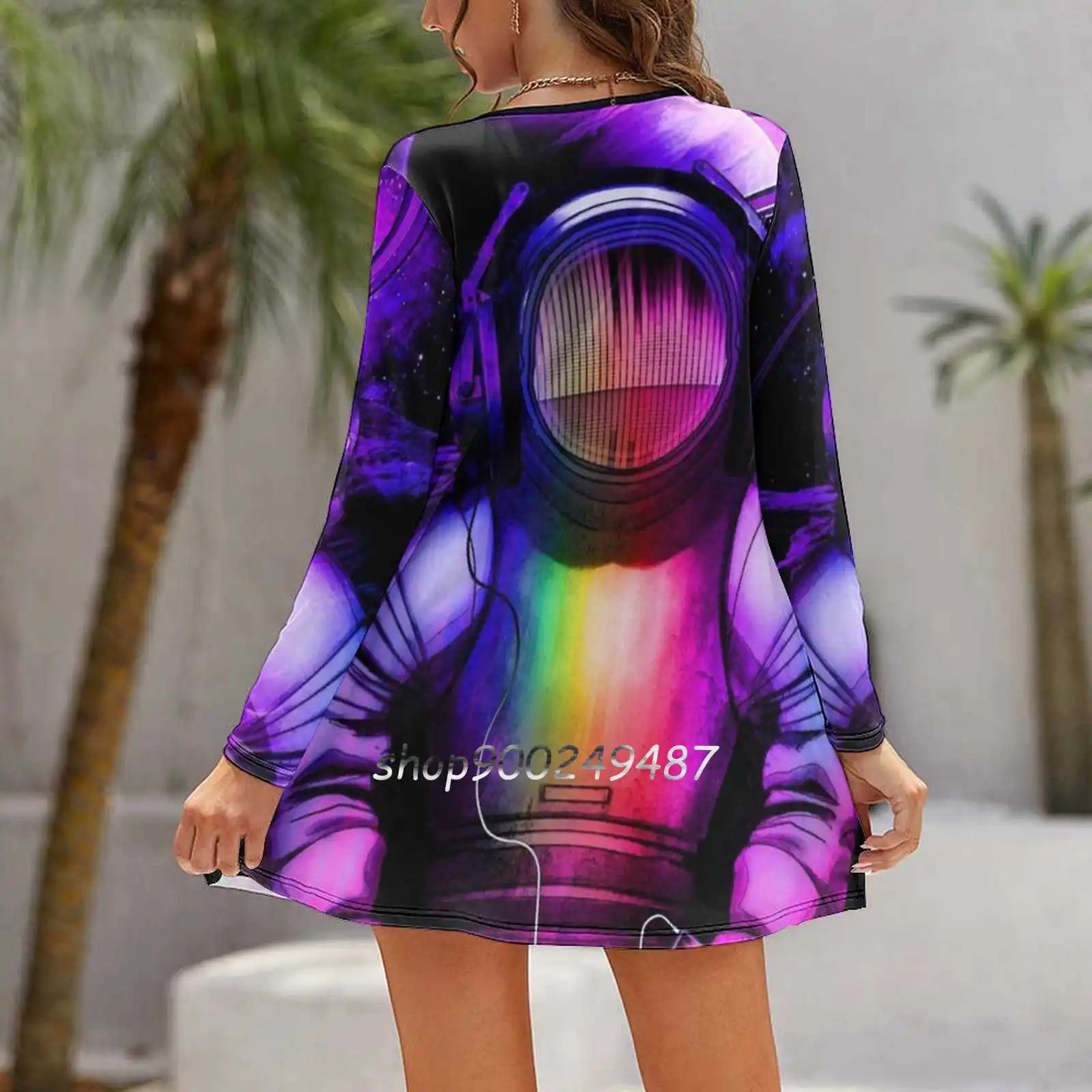 Music In Space Long Sleeve Sexy Dresses For Women 2022 Ladies Vintage Elegant Party Dress Space Spaceman Astronaut Planet Music