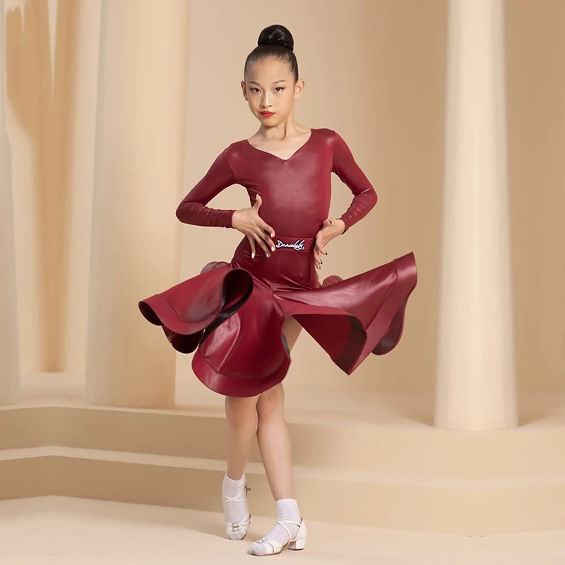 

Latin Dance Clothes Girls Long Sleeve Jumpsuit Wine Red Suit Ballroom Dance Competition Dress Samba Practice Costumes DWY8401