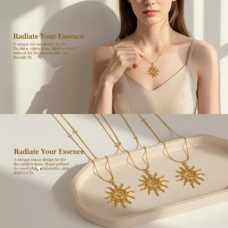Bohemian Spiral Sun Jewelry Set Tarnish Resistant Gold Plated Necklace Earrings for Women Wedding Bridesmaid Gift