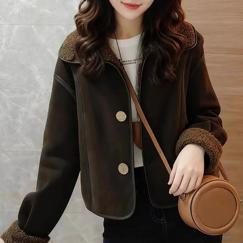 2026 New Fur Coat Women's Clothing Coffee Colored Collar with Fur Integrated Thickened Short Lamb Fur Jacket Winter Jacket Tops