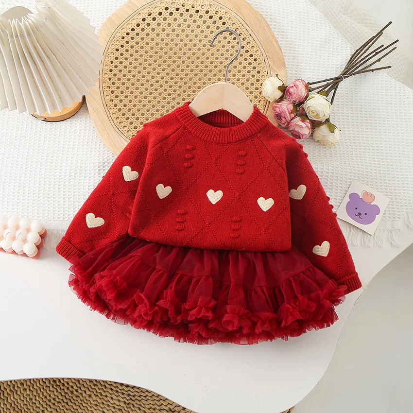 IYEAL Toddler Girl Sweet Heart Embroidery Knit Sweater + Layered Ruffle Tulle Tutu Skirt Set, Christmas New Year Party Outfit