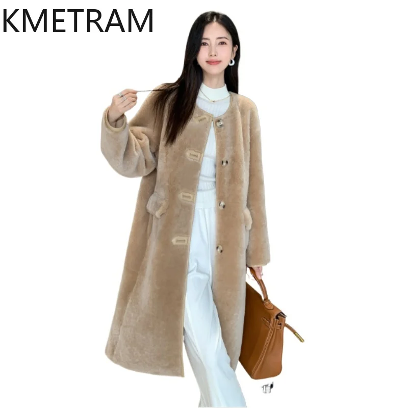 Natürliche Merinowolle Schaffell Doppelseitige Pelzjacke Frauen Mode Kamel Lange Echtpelzmantel Winter Frau Kleidung 2025, abrigos