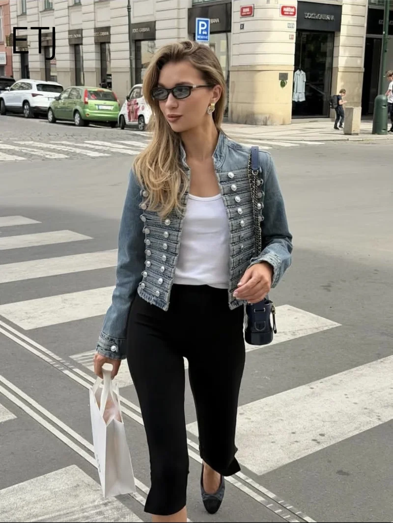 ETJ 2026 Damen Napoleon-Stil Jeansjacke Vintage Militär Doppelreihiger Mantel Silberne Knöpfe Slim Fit Herbst Oberbekleidung – Detail 4