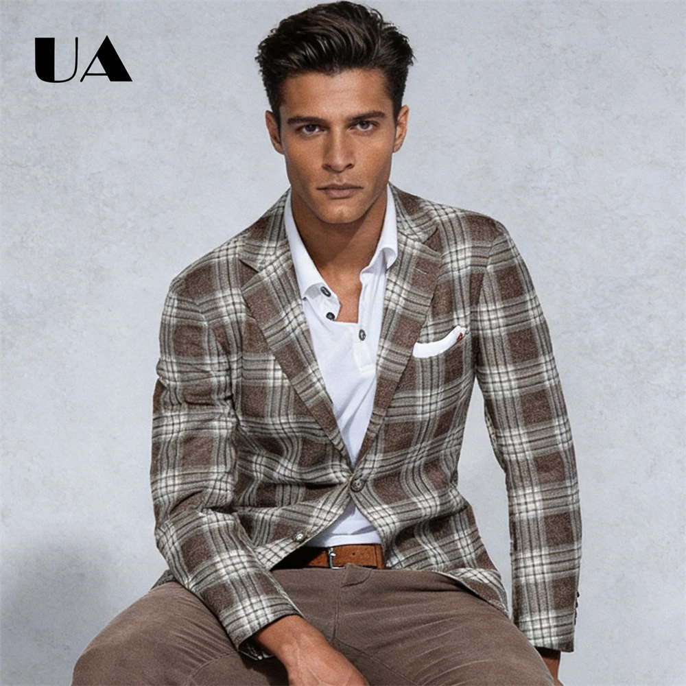 

Men's Brown Plaid Slim Fit Blazer Single-Breasted Lapel Casual Office Party Vintage Style Lightweight Daily Blazer
